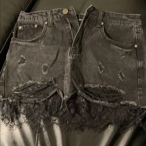 Black Denim Skirt with Lace Hemming
